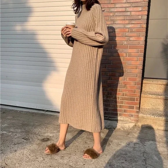 Sweater dress rib knit mocha brown long sleeve dress womens - Picture 2 of 6